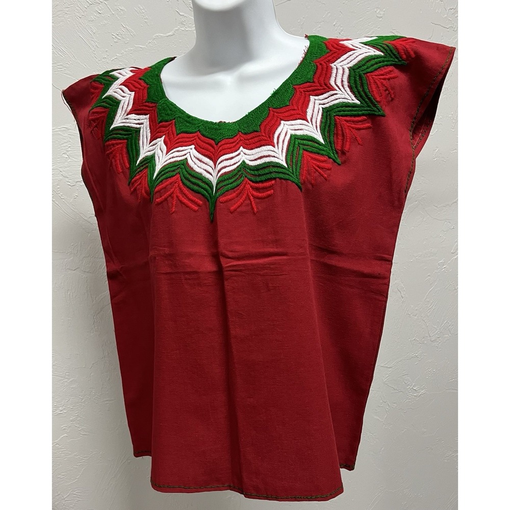Mexican Embroidered Huipil Blouse Women's Medium Red Green White Traditional Top